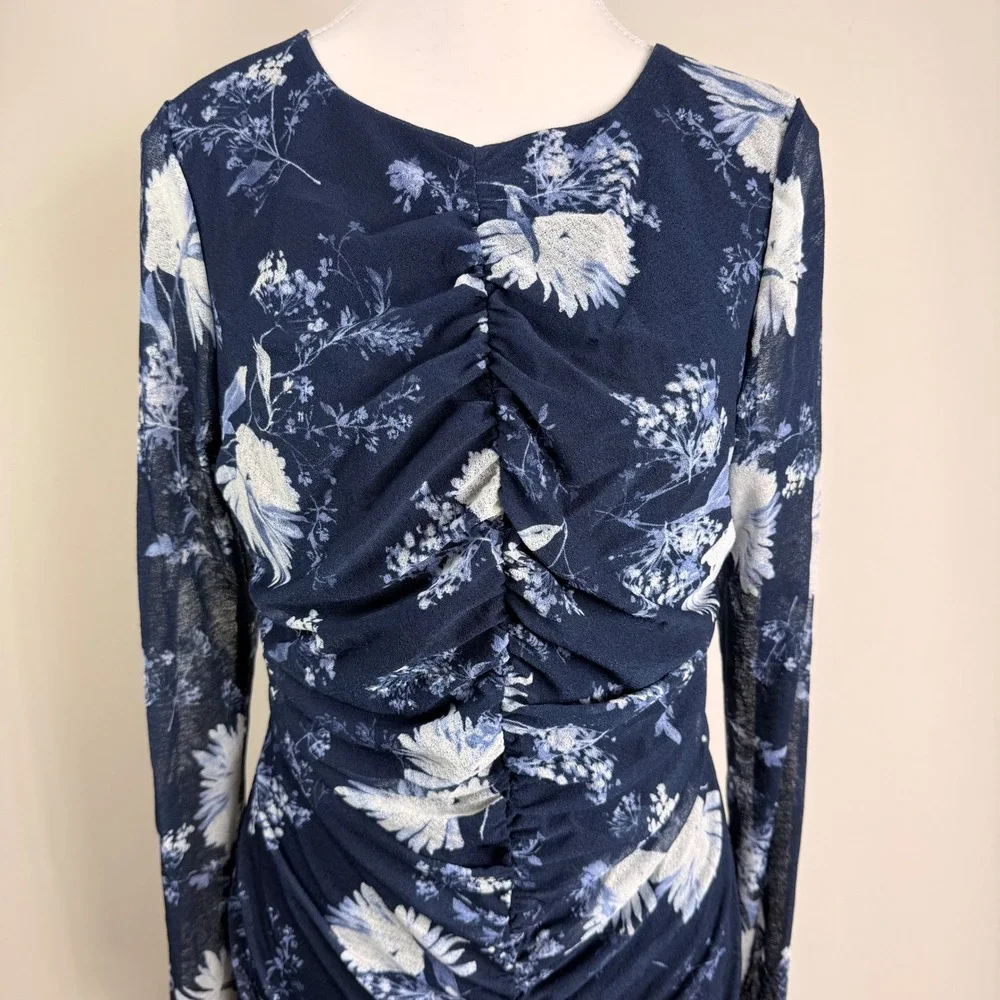 Abercrombie &‎ Fitch Navy Blue Floral Ruched Mesh Maxi Dress Large Stretch NWT